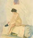 Russian, A nude lady seated putting on a stocking by Aleksander V. Schevchenko, watercolour and pencil, sold Jun 2022