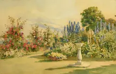Delphiniums and Crimson Rambler with Mountains by Ella Du Cane, watercolour, offered Jun 2022