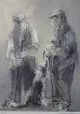 Print - two farmers chatting with attentive dog by William Selwyn coloured limited edition, print, sold Nov 2016