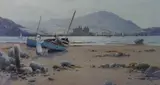 Print - figures and beached boats on the by Warren Williams Arca coloured limited edition, print, sold Nov 2016