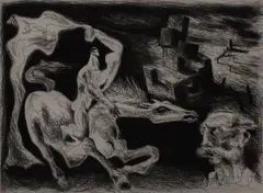 Monochrome print - depiction of Mari Lwyd by Clive Hicks Jenkins limited edition, print, sold Nov 2016