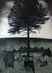 Print - graveyard and terraced rooftops with TV aerials by George Chapman limited edition, print, sold Nov 2016