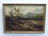 oil on canvas, rustic man with donkey in a Moorland landscape with mountains and stream by William Meuston, oil on canvas, sold Mar 2015