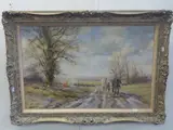 oil on canvas, working horses with figure tending bonfire in a rustic landscape by Alwyn Crawshaw, oil on canvas, sold Mar 2015