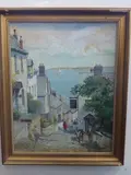 view of New Inn Hotel, Clovelly, with the sea beyond by Norbert Sullivan-pugh, oil on canvas, sold Mar 2015