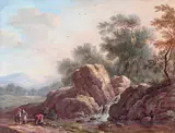 A village scuffle; Figures by a waterfall Two, both bodycolour 15.3 x 21.2cm and 17 x 22.5cm (2) by Jacques Willem van Blarenberghe, watercolor, sold Dec 2015