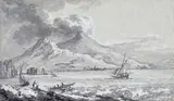 Ships on the coast at Stromboli Signed and inscribed verso Grisaille watercolour 15.5 x 26cm by Claude-Louis Châtelet, watercolour, offered Dec 2015