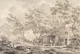 Figures and livestock by an Inn Inscribed and dated May 1789 verso Grisaille watercolour 24.75 x 36cm by Jacob Cats, watercolour, offered Dec 2015