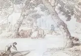 Cattle watering with a figure in a punt Sepia pen and ink with by Thomas Rowlandson, ink, sold Dec 2015