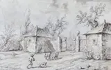 Figures by a gateway Signed pen by Aignan-Thomas Desfriches, ink and grisaille, sold Dec 2015
