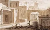 Soldiers by a town gate Signed Pen by Abraham Rademaker, Pen, ink and grisaille wash, offered Dec 2015