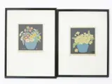 Primroses in a vase and Primula in a vase two wood block prints on paper, framed signed in pencil, 16.5 x 15cm by Hall Thorpe, pencil, sold Nov 2015