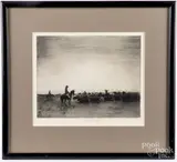 of cowboys with a herd of cattle by Henry Zeigler, etching, sold May 2019