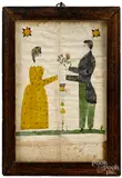 fraktur of a man presenting flowers to a woman by Henry Young, ink and watercolor, sold May 2019