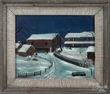 winter farm scene by David Y. Ellinger, oil on canvas, sold May 2019