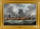 harbor scene titled Riverside in Distress at the Dock at Le Havre by Édouard Adam, oil on canvas, sold May 2019