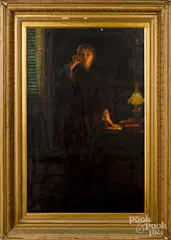 interior scene depicting a startled young woman with a lamp by John Ballantyne, oil on canvas, sold May 2019
