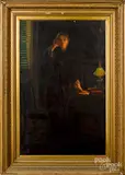 interior scene depicting a startled young woman with a lamp by John Ballantyne, oil on canvas, sold May 2019
