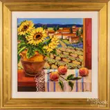 of sunflowers and Tuscan landscape by Katherine Steiger, mixed media on board, sold Mar 2019
