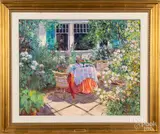 outdoor patio by Jose Trinidad, oil on canvas, sold Mar 2019