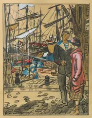 Le marin discutant sur le port by André Dignimont, Encre, aquarelle et gouache sur papier, sold Feb 2021