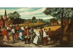 Feiernde Bauern Beim Erntedankfest by Marten van Cleve, oil on panel, sold Dec 2020