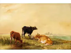 Drei Kühe und ein Schaf an Einem Gewässer by Paulus Potter, oil on canvas, sold Dec 2025