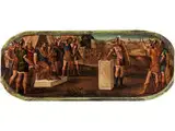 Muzio Scevola Brucia la sua Mano Destra di Fronte al re Etrusco Porsenna - Gaius Mucius Scaevola Verbrennt Seine Rechte Hand vor den Augen des Etruskerkönigs Po by Bonifacio de'Pitati, oil on canvas, offered Mar 2015
