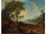 Baumlandschaft mit Flusslauf, Burgruine und Figurenstaffage by Leonhard Trippel, oil, offered Mar 2015