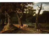 Waldlandschaft mit Kuh, Schafen und Einem Angler by Joris van der Haagen, oil on canvas, offered Mar 2015