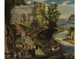 Monatsbild für mai und Juni mit Fantasiedarstellung der Villa Medici by Paul Bril, oil on canvas, sold Dec 2018