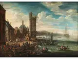 Capriccio Eines Mediterranen Hafens mit Zahlreichen Figuren und Hohem Turm by Peter Casteels d. J., oil on canvas, sold Sep 2019