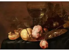 Stillleben mit Römerglas, Rosen und Pfirsichen by Abraham van Beijeren, oil on panel, offered Jun 2019