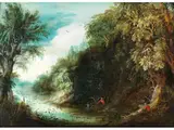 Waldlandschaft mit Rastenden an Einem Flussufer by Gijsbrecht Leytens, oil on panel, offered Sep 2023