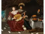 Lautenspielerin mit Verehrer by Simon de Vos, oil on copper, offered Sep 2024