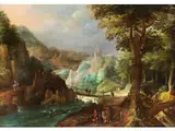 Landschaft mit Reisenden by Adriaen van Stalbernt, oil on panel, sold Mar 2024