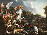 Antike Schlacht Zwischen Römern und Barbaren by Vincent Adriaenssen, oil on canvas, sold Jun 2023