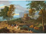 Südliche Landschaft mit Jagdgesellschaft by Adriaen Frans Boudewyns d. Ä., oil on panel, offered Mar 2024