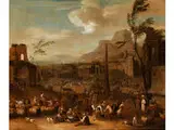 Landschaft mit Figuren und Gebäuden by Pieter van Bredael, oil on canvas, offered Jun 2016