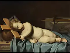 Das Jesuskind Schlafend auf den Symbolen der Passion by Massimo Stanzione, oil on canvas, offered Mar 2024