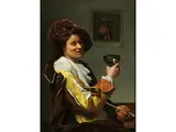 Junger Mann in Landsknechttracht mit Meerschaumpfeife und Weinglas am Tisch by Job Adriaensz. Berckheyde, oil on panel, sold Mar 2019