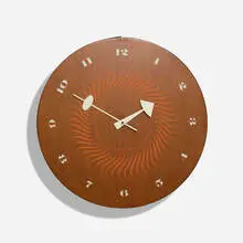 Wall clock, model 2234C by George Nelson & Associates, 1957, screenprint on walnut, enameled aluminum, sold Aug 2022