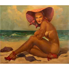 Lady on the Beach by Irving Sinclair, 1957, oil on masonite, sold Jun 2024