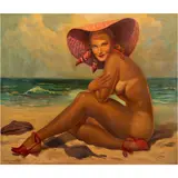 Lady on the Beach by Irving Sinclair, 1957, oil on masonite, sold Jun 2024