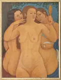 The Counselors Whispers by Laura Bodebender, circa 1925, Oil on Board, sold Sep 2025