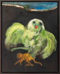 Green Owl and Monkey by Robert Beauchamp, Oil on Panel, sold Sep 2025
