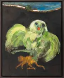 Green Owl and Monkey by Robert Beauchamp, Oil on Panel, sold Sep 2025