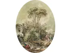 Wäscherinnen und Mädchen mit Vieh an Einem Mühlbach by François Boucher, watercolor, sold Jun 2024