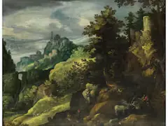 Bergige Fantasielandschaft mit Burg und Figurenstaffage by Paul Bril, oil on canvas, offered Mar 2026