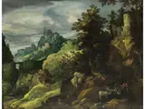 Bergige Fantasielandschaft mit Burg und Figurenstaffage by Paul Bril, oil on canvas, offered Mar 2026